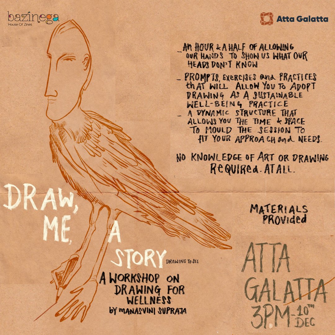 Bazinega1's tweet photo. Join us for Drawing For Wellness workshop to learn exercises that allow you to adopt drawing as a sustainable well-being practice. 

Atta Galatta, Indiranagar, Bangalore
December 10, 3-4:30 pm

Register now: https://t.co/3MgNQL6Viq 

#zines #drawing #wellness #workshop #bazinega https://t.co/dUaEfJJ2ik