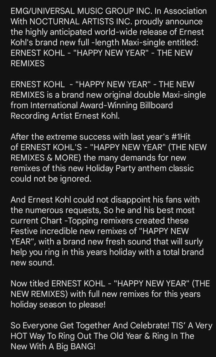UltraOfMusic's tweet image. ERNEST KOHL  - "HAPPY NEW YEAR" - THE NEW REMIXES is a brand new original double Maxi-single
#NewRelease #1Hit #Dance #Radio #DanceMusic  #HiNRG  #Italo #Eurodance #Billboard #MusicalTheatre #Spotify #YouTube #AppleMusic #Gay #LGBTQ #ErnestKohl @ErnestKohl #Holidays #HappyNewYear