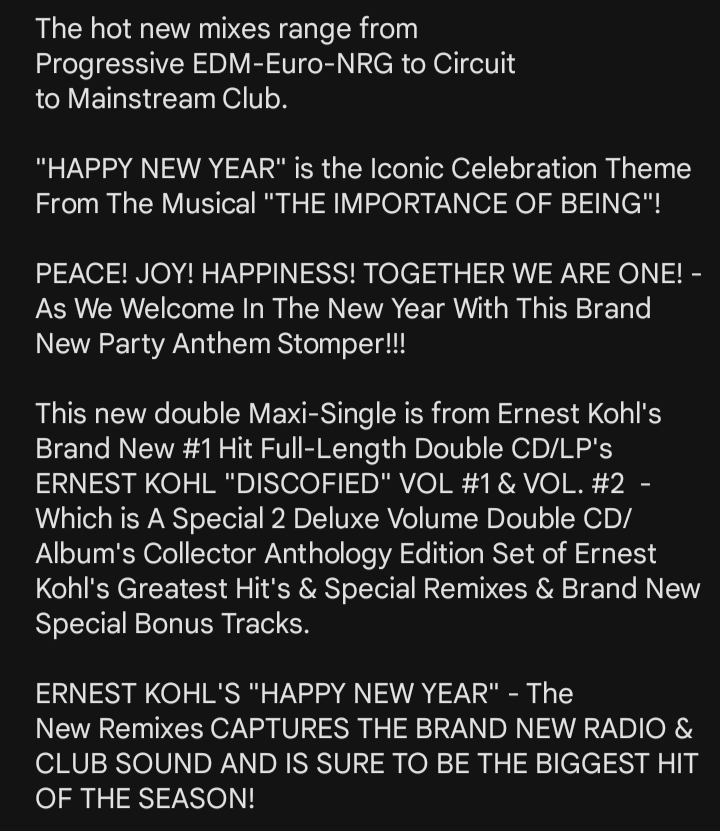 UltraOfMusic's tweet image. ERNEST KOHL  - "HAPPY NEW YEAR" - THE NEW REMIXES is a brand new original double Maxi-single
#NewRelease #1Hit #Dance #Radio #DanceMusic  #HiNRG  #Italo #Eurodance #Billboard #MusicalTheatre #Spotify #YouTube #AppleMusic #Gay #LGBTQ #ErnestKohl @ErnestKohl #Holidays #HappyNewYear
