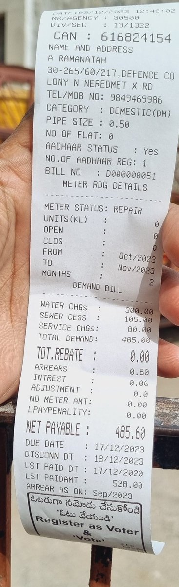 M_pothani's tweet photo. @INCIndia the local bodies started looting @HMWSSBOnline. For not using water they charged ₹485/-
I think we need to get accustomed to these. https://t.co/kPcAMdRDfK