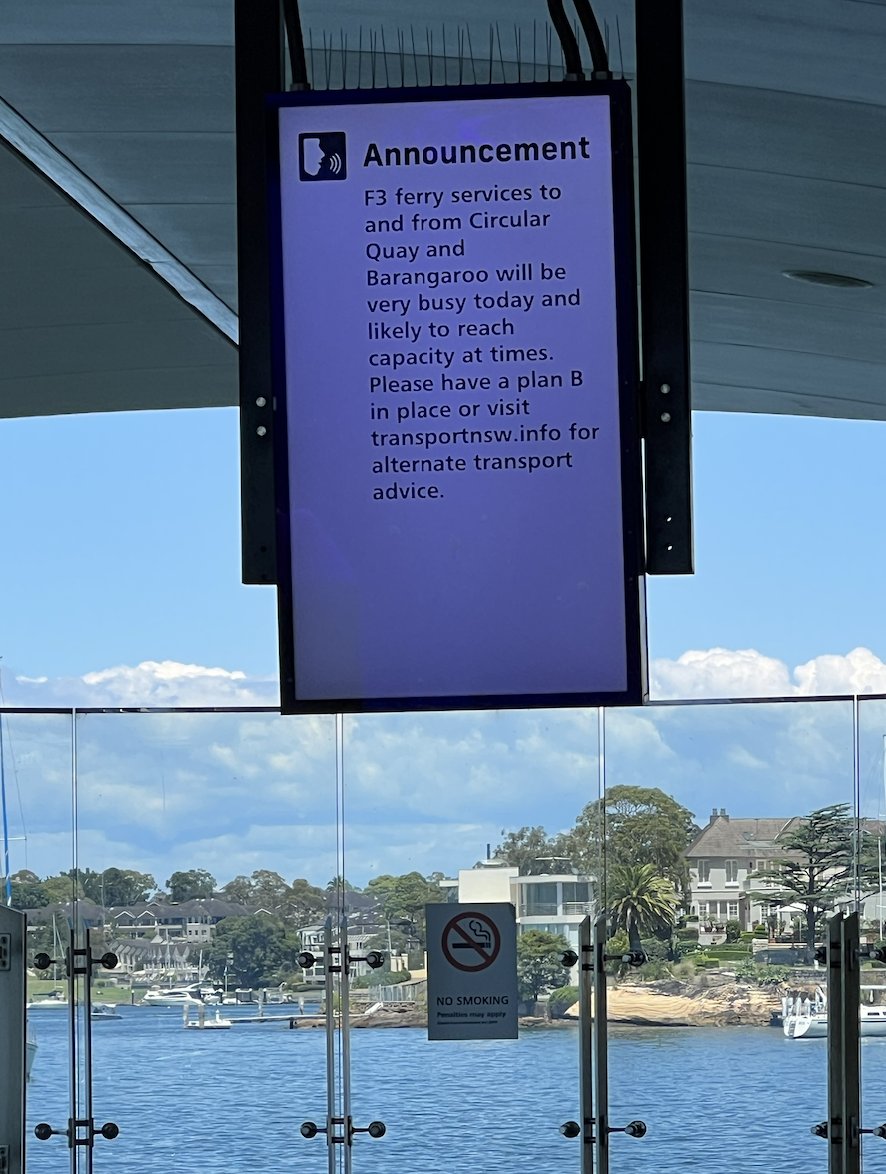 endymionis's tweet photo. Thanks, @FerriesInfo for making people's lives miserable on Sunday. As ferries are crowded, we are not picked up today from Huntleys Points Wharf. Terrible management. You made people use their cars instead of promoting public transport. @NSWTransportQQ https://t.co/S7SJNnTvJ4