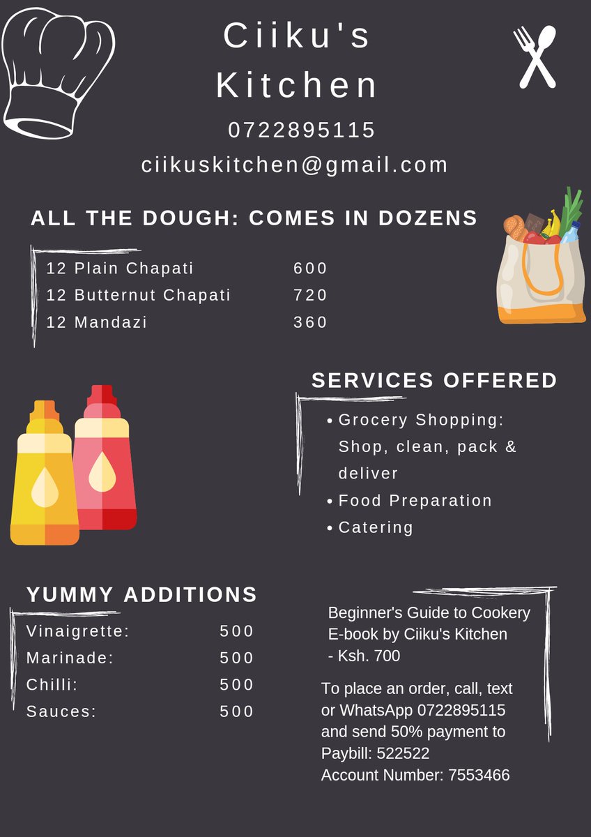Enjoy some yumminess from Ciiku's Kitchen this December. Any order above 2000/= gets a free Beginner's Guide to Cookery E-book.

Call us for your catering, grocery shopping, or food preparation needs on 0722895115.