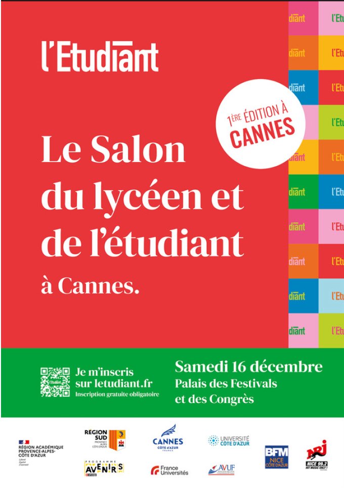 Save the date: Salon de l'Etudiant à Cannes le 16 décembre 2023

L'ONISEP présentera de nombreuses ressources en ligne, telles que des guides, des vidéos et des outils interactifs dans le cadre de la plateforme AVENIRS. 
#ONISEP
#Orientation
#LETUDIANT