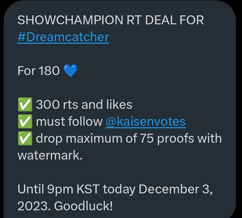 deukae2004's tweet photo. IC: SHOW CHAMPIONS VOTE DEAL FOR #DREAMCATCHER

 🩵 180

✓ must Follow @kaisenvotes
✓ 300 RT &amp; Like
✓ Drop máximum of 75 proofs with watermark

🕛 Until 9pm kst today https://t.co/qv0WNS3cX8