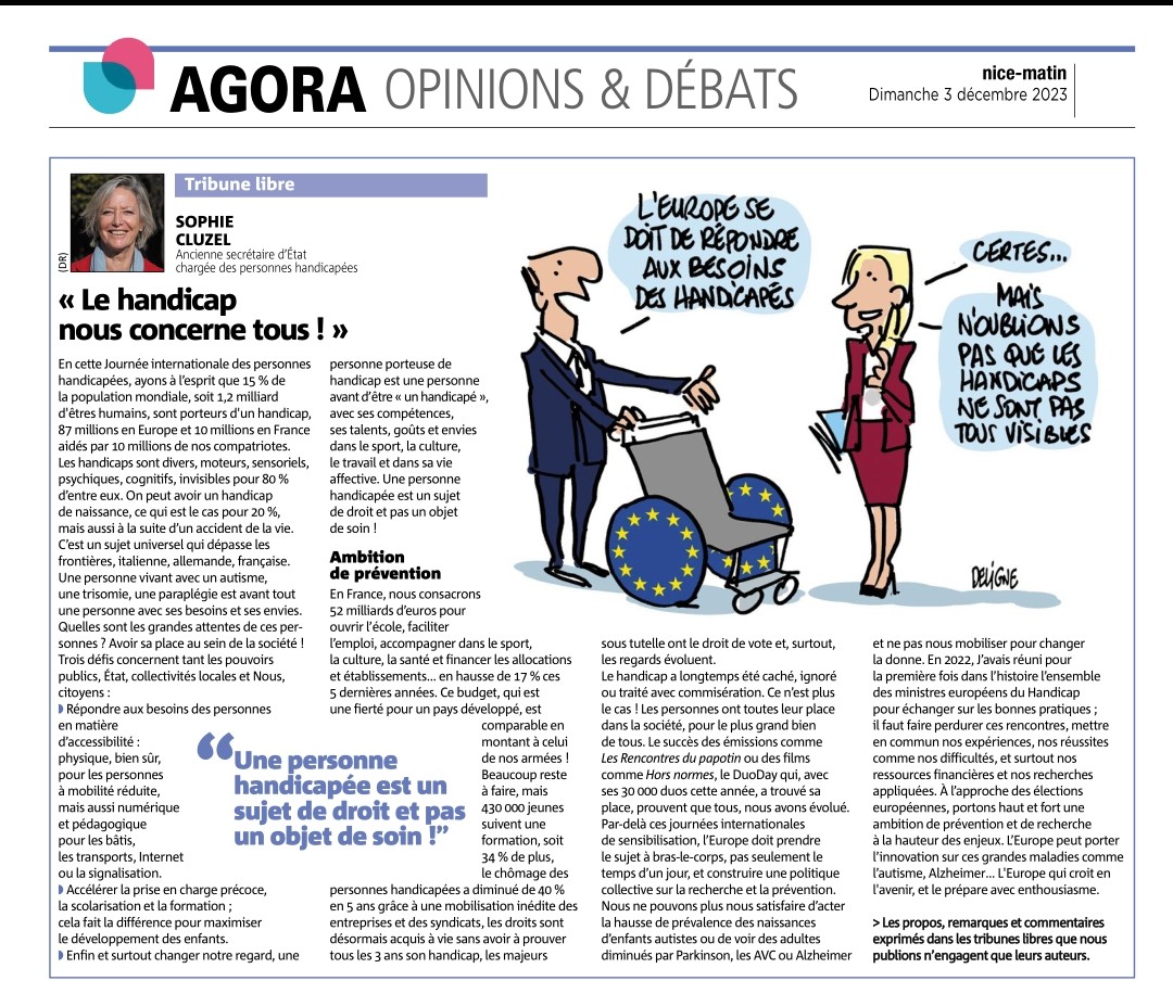 En cette journée internationale des personnes handicapées "le #Handicap nous concerne tous" retrouvez ma tribune dans 
<a href="/Nice_Matin/">Nice-Matin</a>