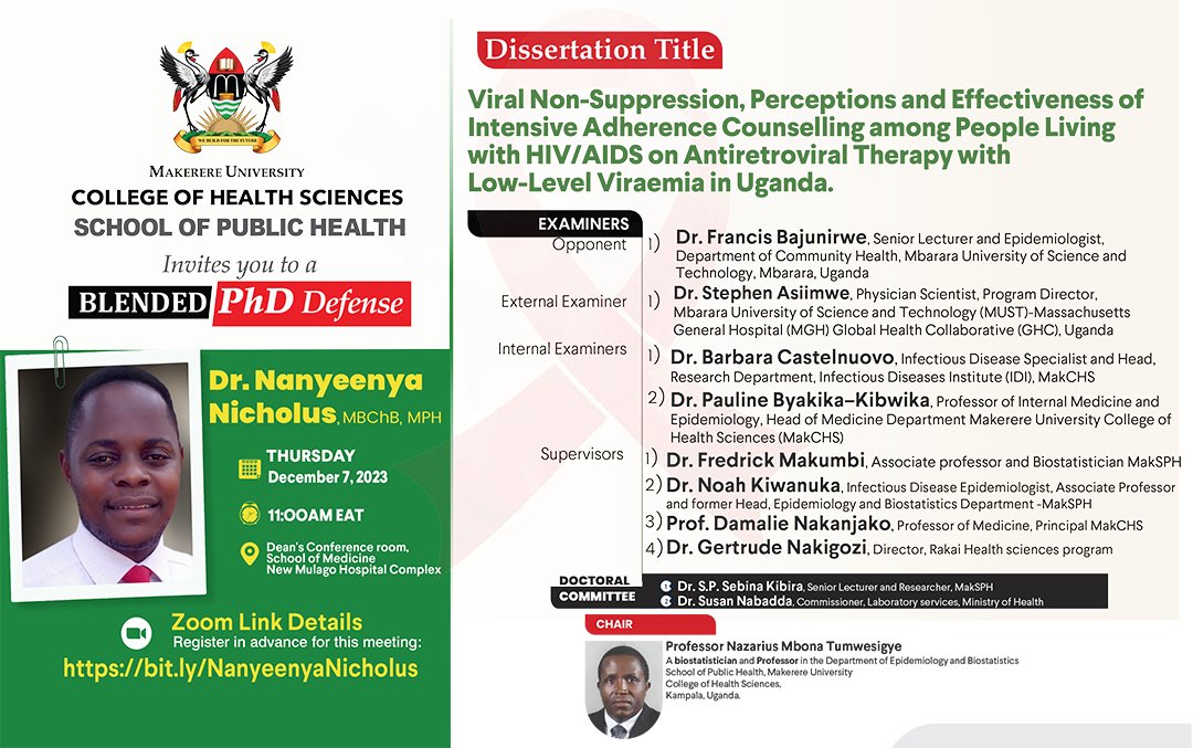 🚨PhD Defense @DrNanyeenya will be defending his PhD on the topic ' Viral Non-Suppression, Perceptions and Effectiveness of Intensive Adherence Counselling among People Living with HIV/AIDS on Antiretroviral Therapy with Low-Level Viraemia in Uganda.' 🔗bit.ly/NanyeenyaNicho…