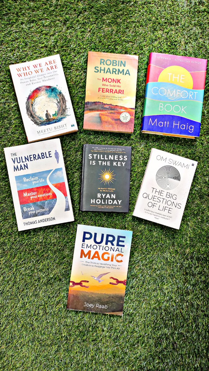 booksmyrefuge's tweet photo. 7 Nonfiction Books That Feel Like a Therapy Session.

1. The Comfort Book.
2. Stillness Is The Key.
3. The Vulnerable Man.
4. Pure Emotional Magic.
5. The Big Questions Of Life.
6. Why We Are, Who We Are.
7. The Monk Who Sold The Ferrari.

Which are your favorites among these? https://t.co/BXmCfJ4hm2