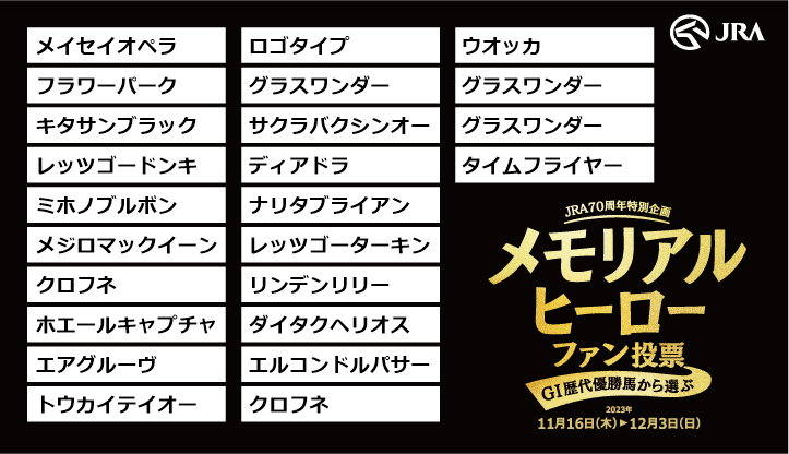 highflyflow's tweet image. JRA70周年記念企画メモリアルヒーローファン投票実施中！
下記URLからキャンペーンに参加して、
#Amazonギフトカード をゲットしよう！
arimafan-vote.com
@arima_fv

#有馬記念ファン投票
#メモリアルヒーローファン投票
#JRA