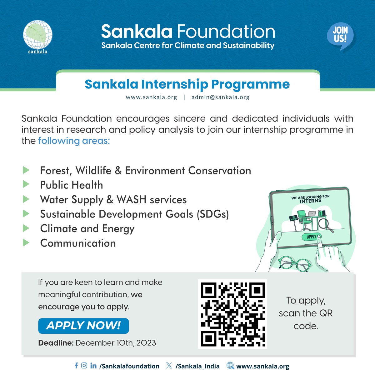 Sankala_India's tweet image. #SankalaFoundation, which manages Sankala Centre for Climate & Sustainability (#SCCS) is offering 8 weeks to 6 months Sankala #InternshipProgramme to carry out meaningful research & policy analysis.
Apply by December 10th, 2023,on sankala.org/internship
#Sustainability