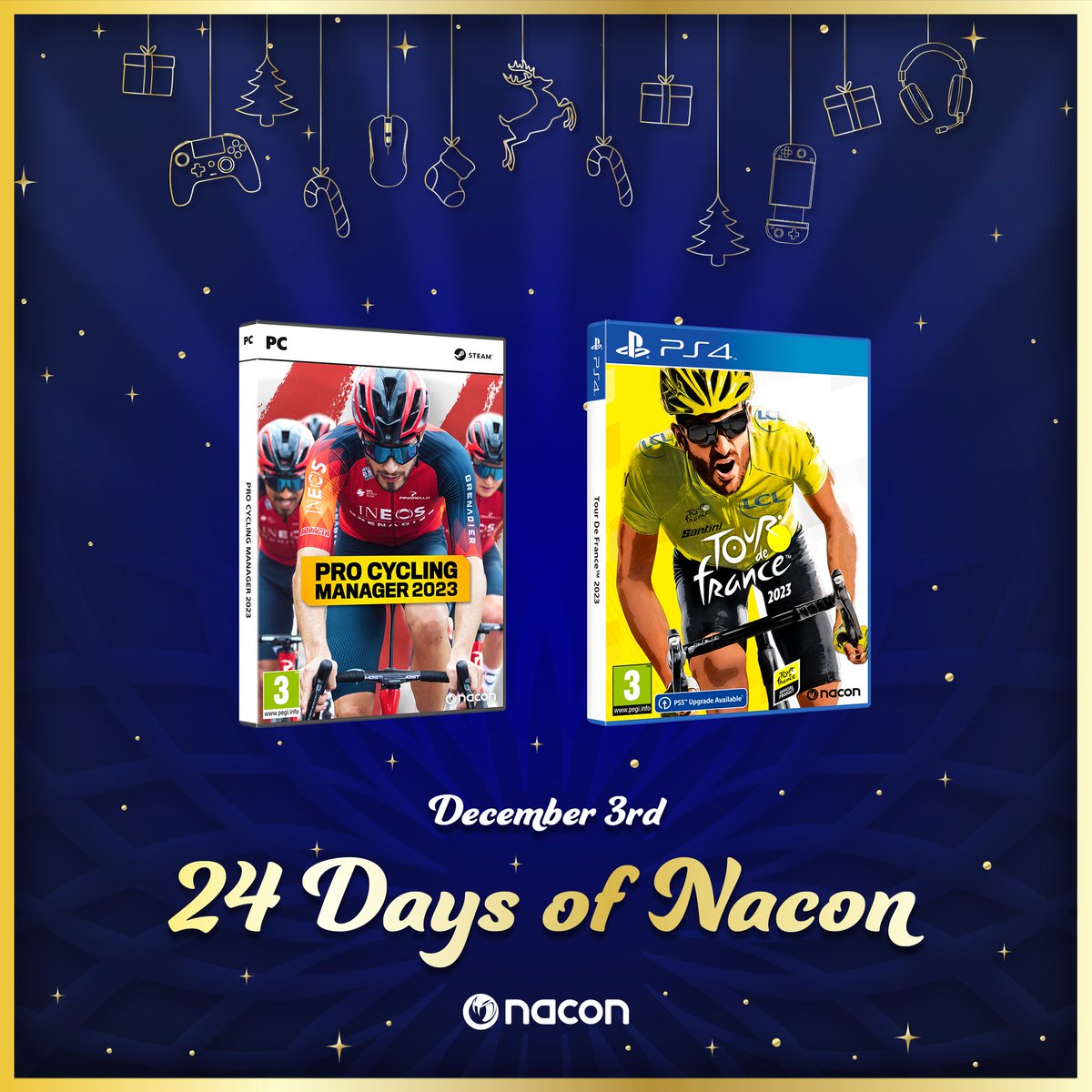 Nacon's tweet photo. Third square of the #24DaysOfNacon calendar and today the cycling fans will be happy! 🚴
 
🎁 RT + Follow @NACON for a chance to win Tour de France 2023 and Pro Cycling Manager 2023! @pcyclingmanager #24DaysOfNacon https://t.co/KIbYsiGaLI