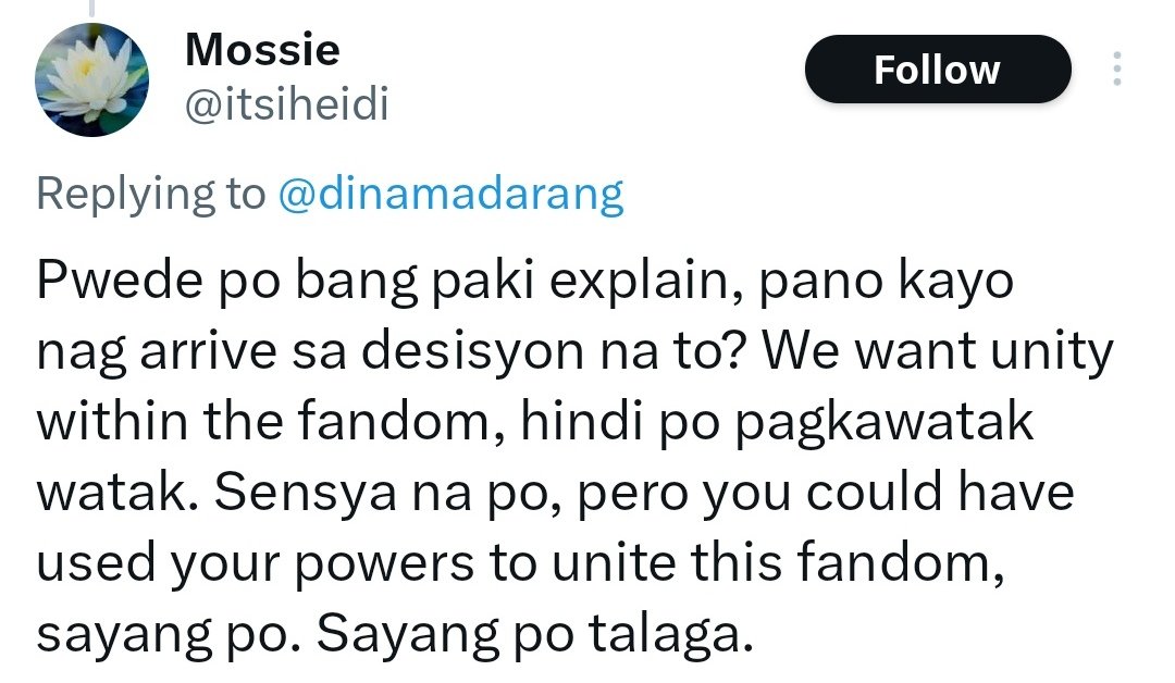 MarengBlush's tweet photo. Getting involved in charity and supporting Kdlex doesn't give you the green light to question tita Dina's call. If you can't roll with the decisions, maybe switch to another fandom where you wear both the artist and fan hats. https://t.co/27Onl50N6r