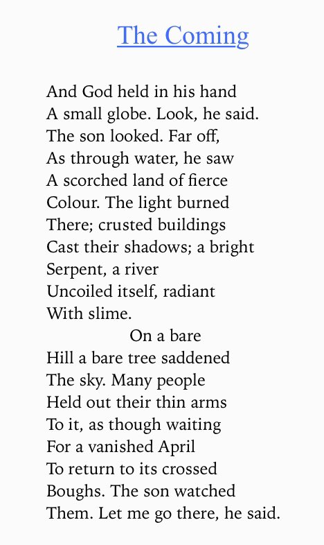 RSThomaspoet's tweet photo. For #Advent -
‘The Coming’ - #RSThomas
(H'm, Macmillan)
#Coming
#bardd #barddoniaeth #cerdd 
#poet #poetry #poem https://t.co/1l4picpQAD