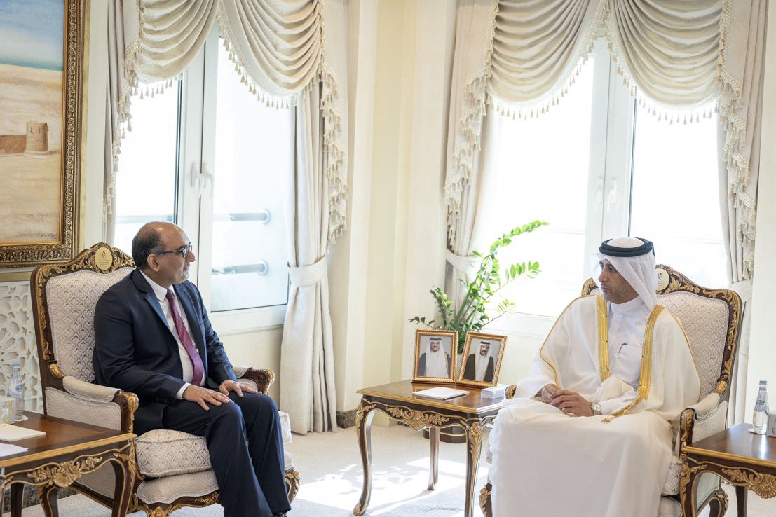 MOI_QatarEn's tweet photo. The Minister of State for Interior Affairs HE Sheikh Abdulaziz bin Faisal Al Thani met today, Sunday, 3 December 2023, with the Ambassador of the Republic of India to the State of Qatar HE Vipul. 
The meeting involved discussions on various matters of mutual interest and a review of the cooperative relations between the two countries in the security fields, along with ways to support and enhance them. #MOIQatar