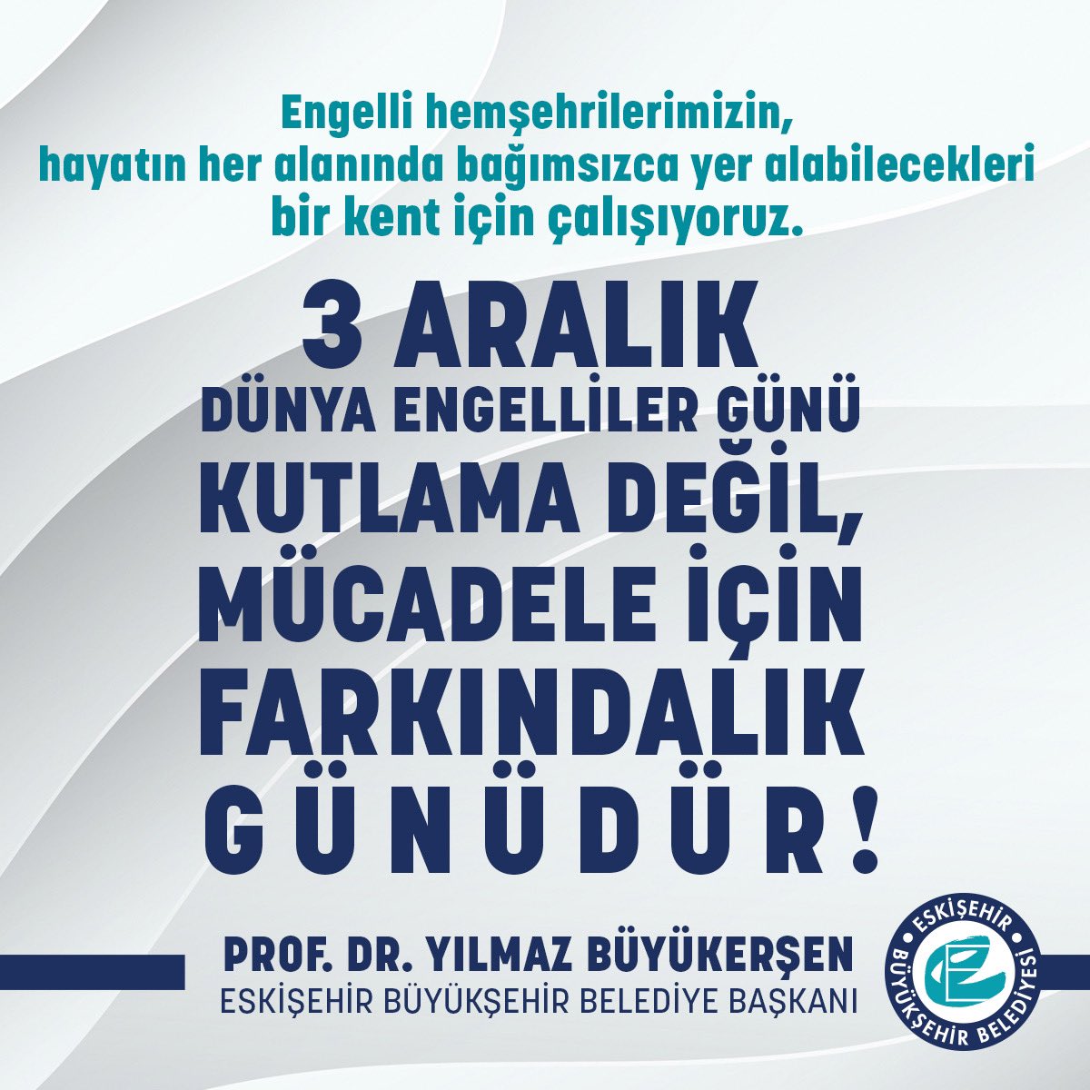 3 Aralık kutlama değil, mücadele için farkındalık günüdür! ♿️ Eskişehir Büyükşehir Belediyesi olarak özel gereksinimli hemşehrilerimizin ihtiyaçlarını karşılamaya ve onların her alanda erişilebilirliğin mümkün olduğu engelsiz bir şehirde mutlu bireyler olarak yaşamalarına imkan…