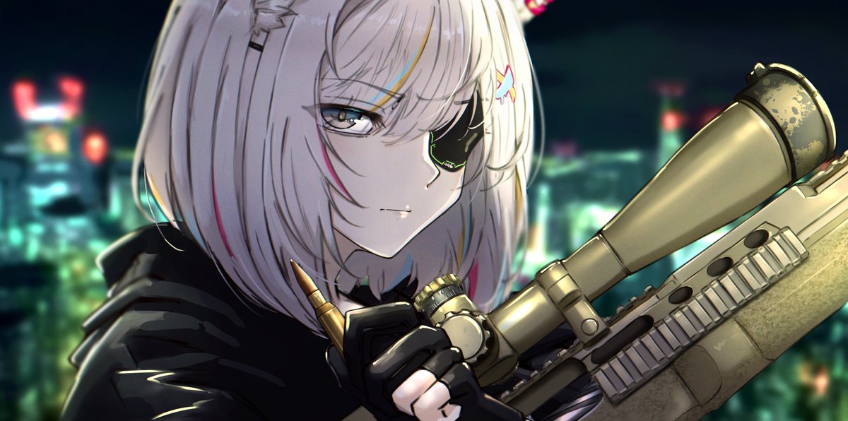 shishiro botan 1girl animal ears weapon solo gun gloves eyepatch  illustration images