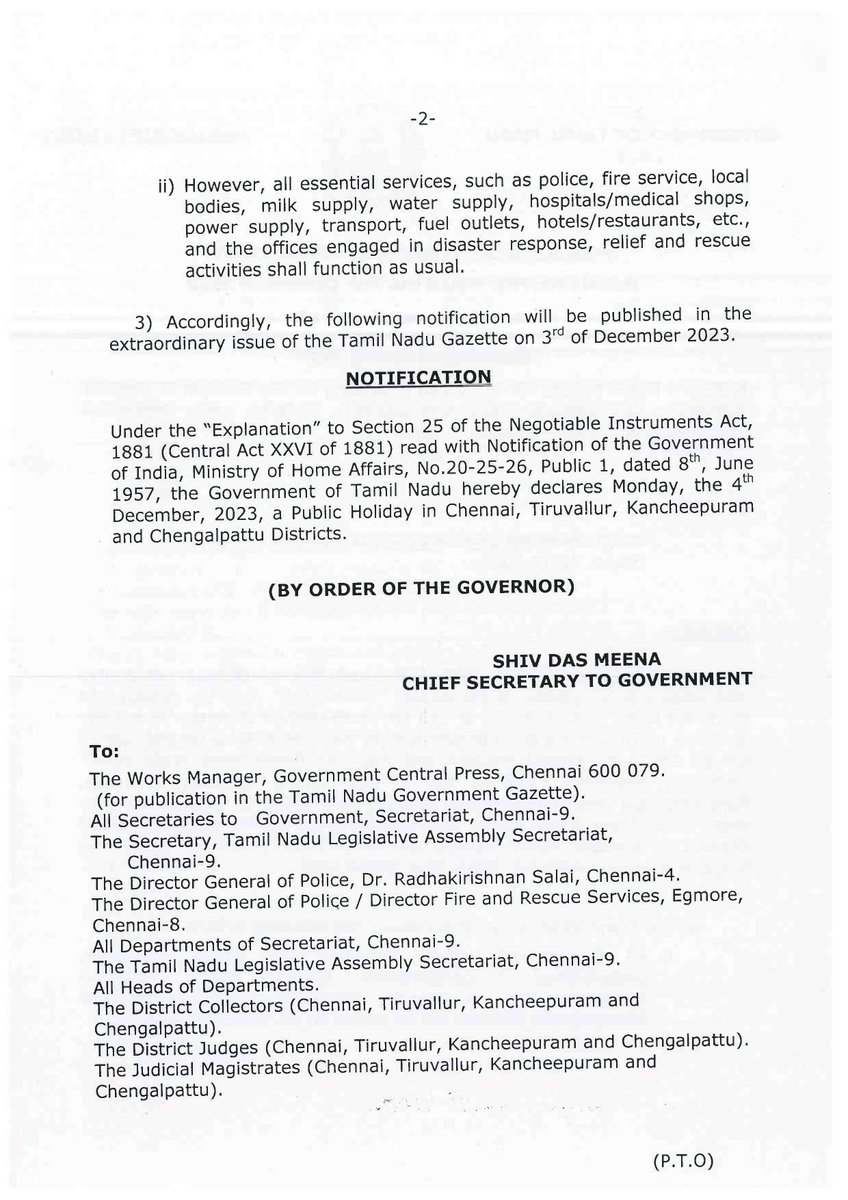TNDIPRNEWS's tweet photo. Holiday - Public Holiday on 04.12.2023 (Monday) for the Districts of Chennai, Tiruvallur, Kancheepuram and Chengalpattu declared under Negotiable Instruments Act, 1881 Orders - Issued.

#CMMKSTALIN | #TNDIPR |
@CMOTamilnadu @mkstalin
@mp_saminathan https://t.co/lAeEsGxhPY