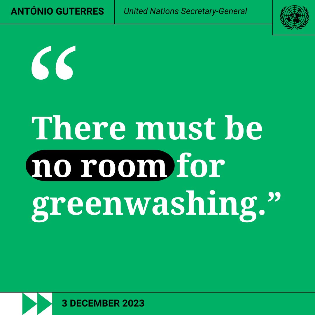 “There must be no room for greenwashing.” – @antonioguterres says recent promises from several oil & gas industry members during #COP28 clearly fall short of what is needed. un.org/sg/en/content/…