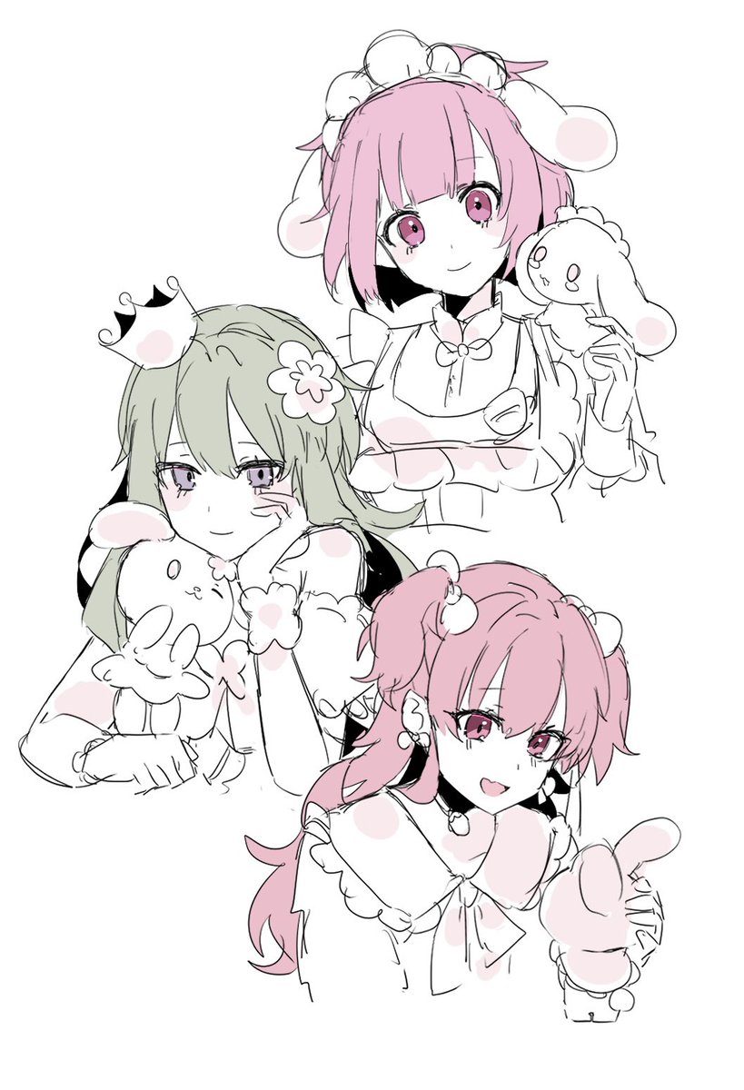 ootori emu multiple girls 3girls pink hair crown smile pink eyes stuffed toy  illustration images