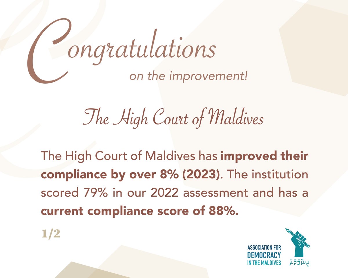 AssocDemocracy's tweet photo. Congratulations on the improvement!
The High Court of Maldives has improved their compliance by over 8% (2023). The institution scored 79% in our 2022 assessment and has a current compliance score of 88%.
1/2
@mvhighcourt @zinmaadhaaru #RTI #RTI37 https://t.co/4PgEi370Ni