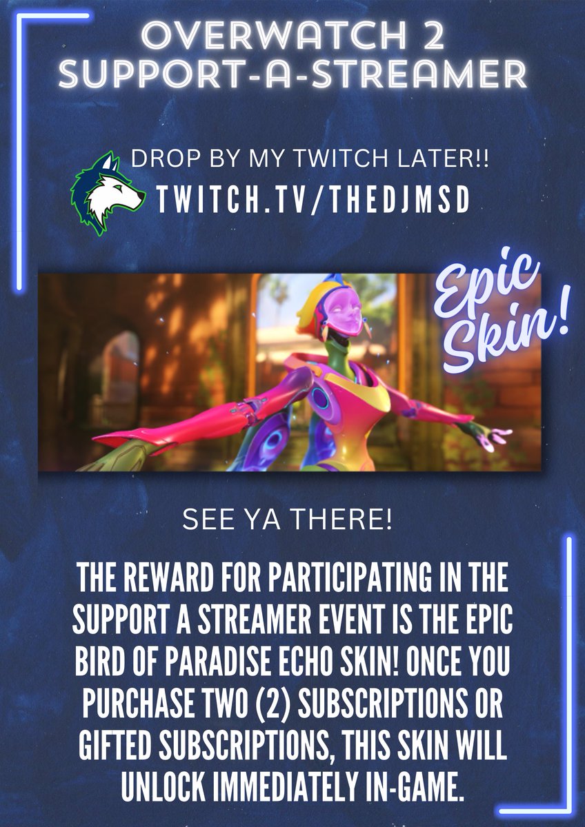iTzzDJ_'s tweet photo. HEY!! As you all know I am part of the Overwatch 2 TWITCH SUPPORT-A-STREAMER EVENT come support!!

This your chance to get a free Epic Bird of Paradise Echo skin!! Just check out their link in the comments!

see ya later!!
https://t.co/KLR7ghNkHi https://t.co/faoBJesOyD