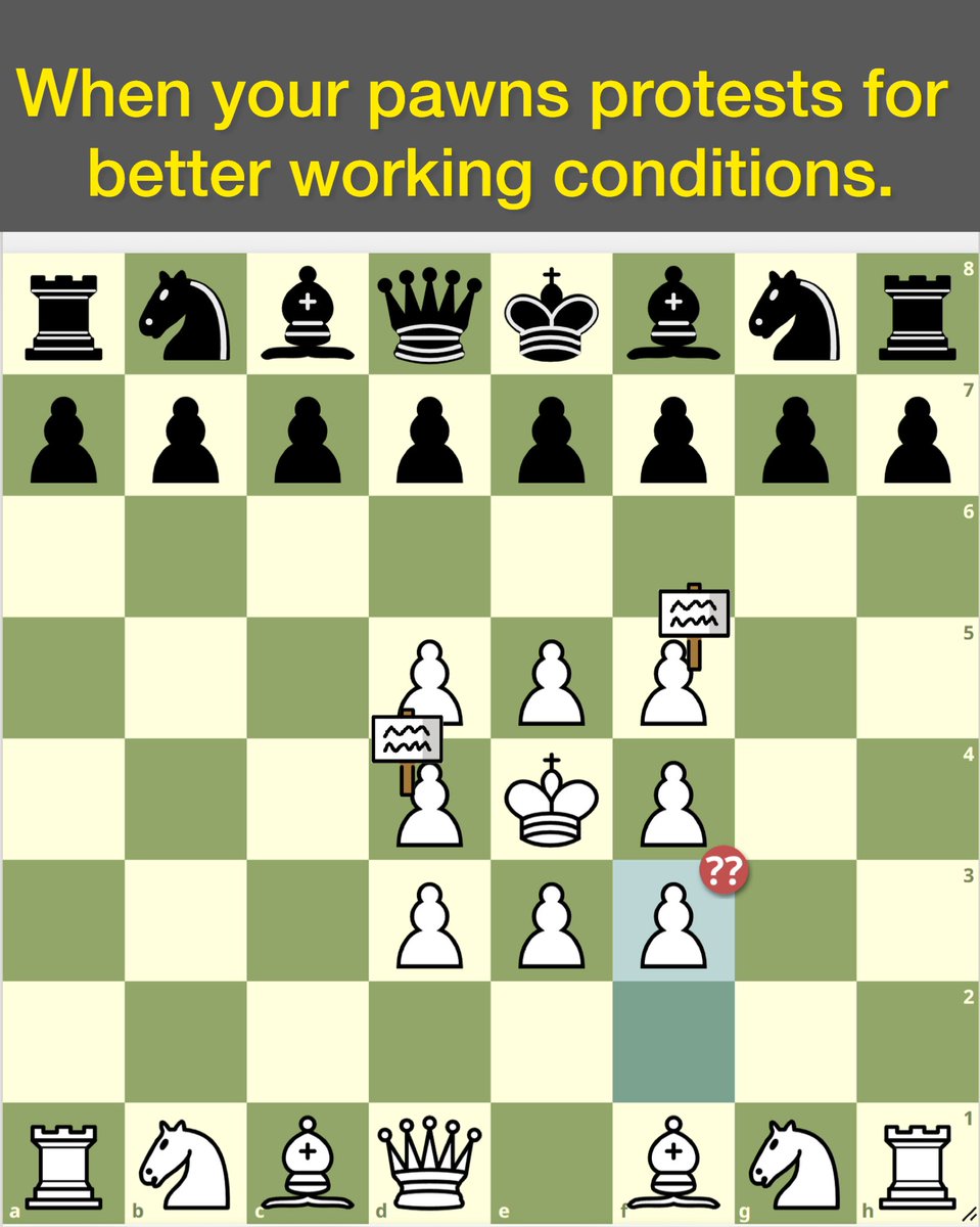 Chesstacticcha1's tweet image. When your pawns unionize for better working conditions, you know it&apos;s time for a chess revolution!
What demands do you think the pawns are making in their protest? 
Share your creative ideas!
.
.
#chessmeme #chessmemes #chessfun #chess #chesscommunity #chessworld #chessmaster