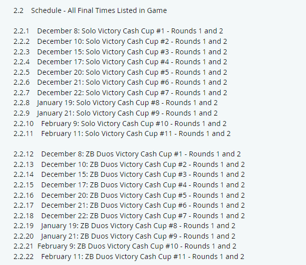 There are officially 11 Solo Victory Cups and 11 ZB Victory Cups this season.

EU: Top 11,500 Advance
NA: Top 9,000 Advance
BR, ASIA, ME: Top 1,250 Advance
OCE: Top 750 Advance

$100 per win for each one as usual.