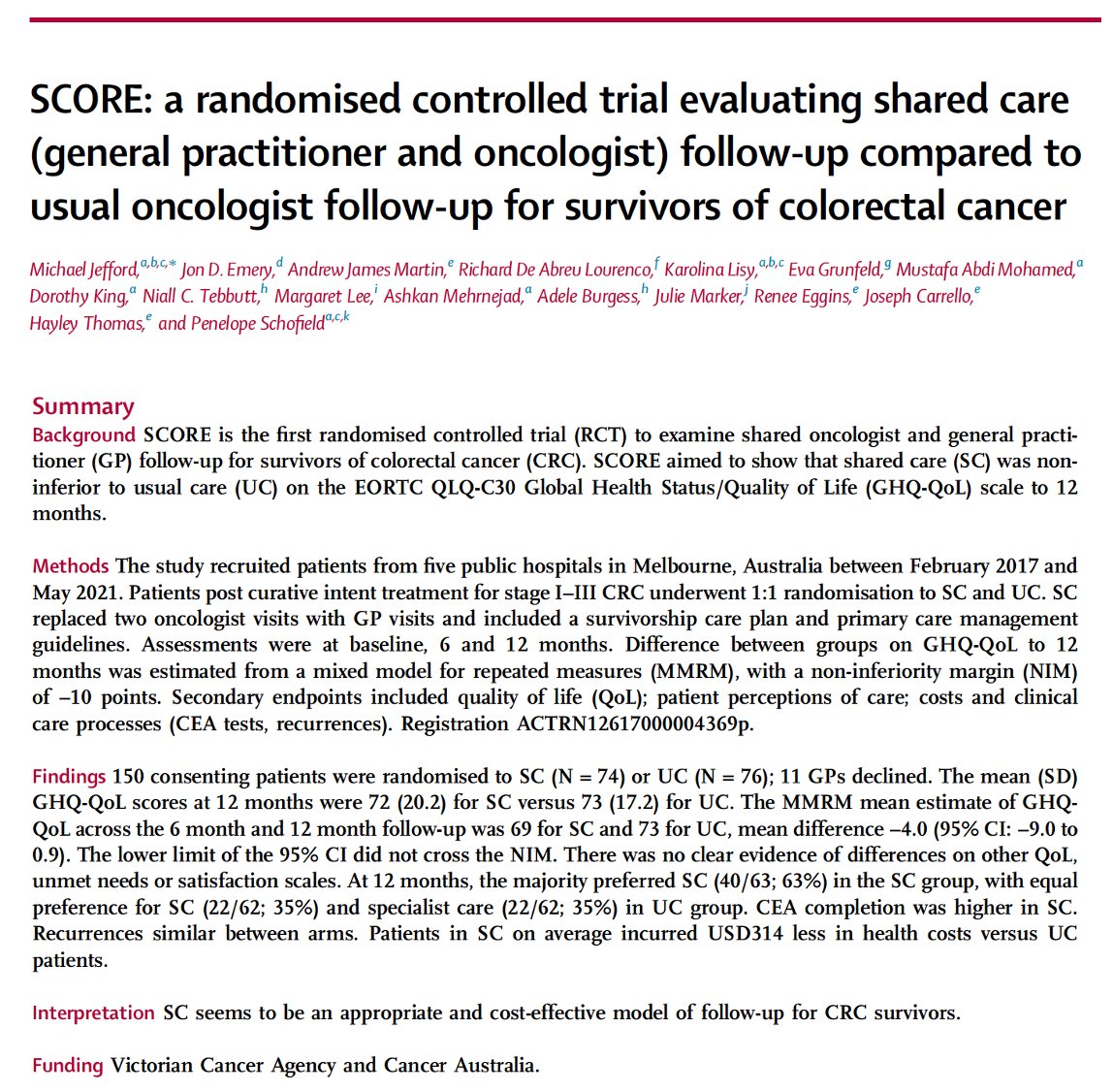 🚨 New paper! Shared (#GP + oncologist) follow up for survivors of colorectal #cancer: ⚖️ non inferior QOL c/w usual care 😀 pts exposed to shared care prefer this 👍 GPs more adherent to recommended testing 💰 shared care is cheaper! #OpenAccess below thelancet.com/journals/eclin…
