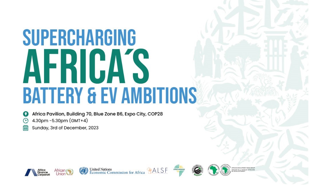 At #COP28 today at 16:30, “Supercharging Africa´s Battery &amp; EV Ambitions” – AFC is hosting key discussion alongside the <a href="/ECA_OFFICIAL/">ECA</a> , and co-convened with the <a href="/_AfricanUnion/">African Union</a>, <a href="/badeabank/">BADEA Arab Bank for Economic Development in Africa</a>, <a href="/afreximbank/">African Export-Import Bank - Afreximbank</a>, and the <a href="/africalegal/">ALSF</a>.