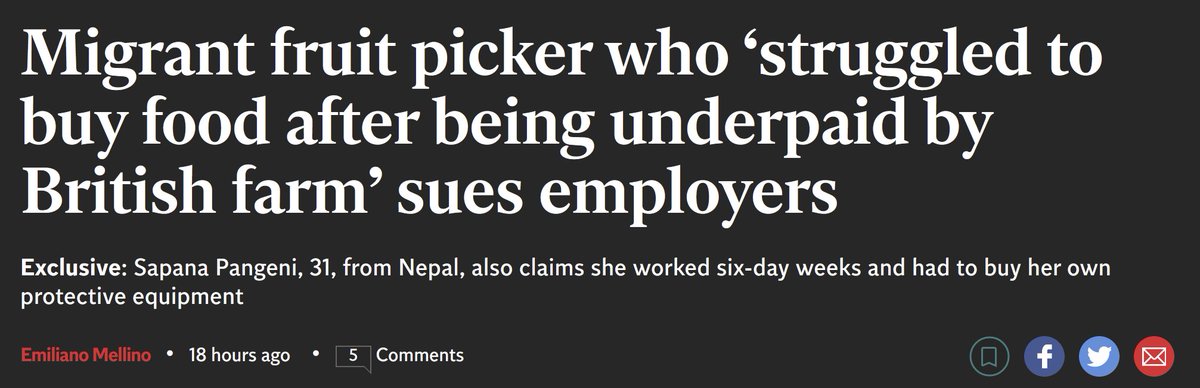 A Nepali worker who was underpaid by nearly £1,500 by a British farm is bringing a landmark legal challenge over wage theft and indirect discrimination.

She is the first person on a seasonal worker visa to take her bosses to an employment tribunal. 🧵
independent.co.uk/news/uk/home-n…