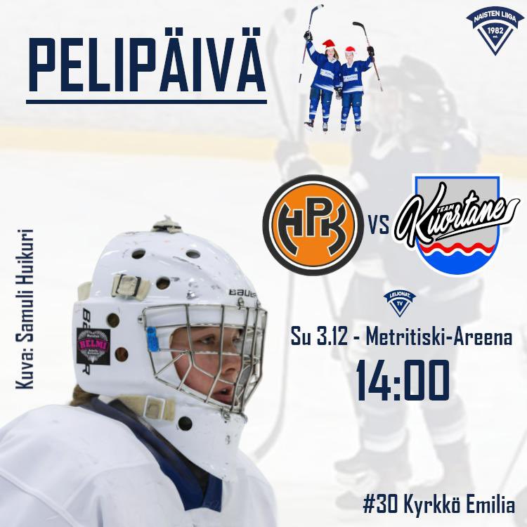 TeamKuortane's tweet photo. 🚨PELIPÄIVÄ🚨

🆚 @hpk_naiset 
📍 Metritiski-Areena
⏳ 14.00

Peli näkyy osoitteesta https://t.co/77VGQMesWh! Kokoonpanot ja muut tilastot voit katsoa osoitteesta https://t.co/osSAzESKyR 🔥

📸 Samuli Huikuri
#NaistenLiiga #TeamKuortane #Kuortane #Soltut https://t.co/po93iLvjGV