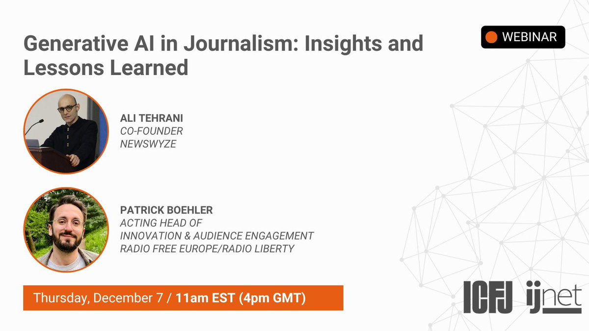 Generative AI tools are increasingly being used in newsrooms 📰 In our upcoming #CrisisReporting session, learn about generative AI w/ @Ali_Tehrani, co-founder of @NewsWyze, & @BoehlerPatrick, acting head of innovation & audience engagement at @RFERL: buff.ly/3T2WCqa