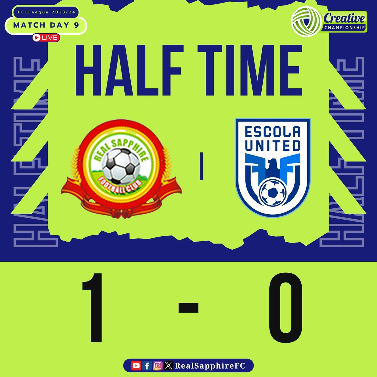 RealSapphireFC's tweet photo. TCCLeague24 | Match Day 9
HALF TIME
Real Sapphire FC 1:0 Escola United FA
#TCCLeague24 #RESESC #RSFC #FootballGladiators #MATCHDAY https://t.co/5j8Jey90EJ