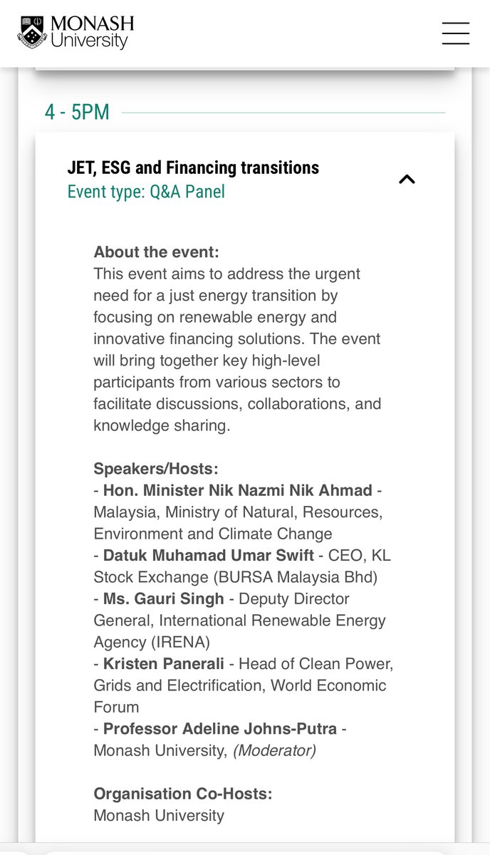 We're very excited at <a href="/MonashUni/">Monash University</a> and <a href="/MonashMalaysia/">Monash Malaysia</a> to be hosting this discussion on Just Energy Transitions, at #COP28 tomorrow, 4pm, the #MonashCOP28 Pavilion - with the Malaysian Minister for Natural Resources, Energy and Climate Change, and the CEO of the KL Stock Exchange.