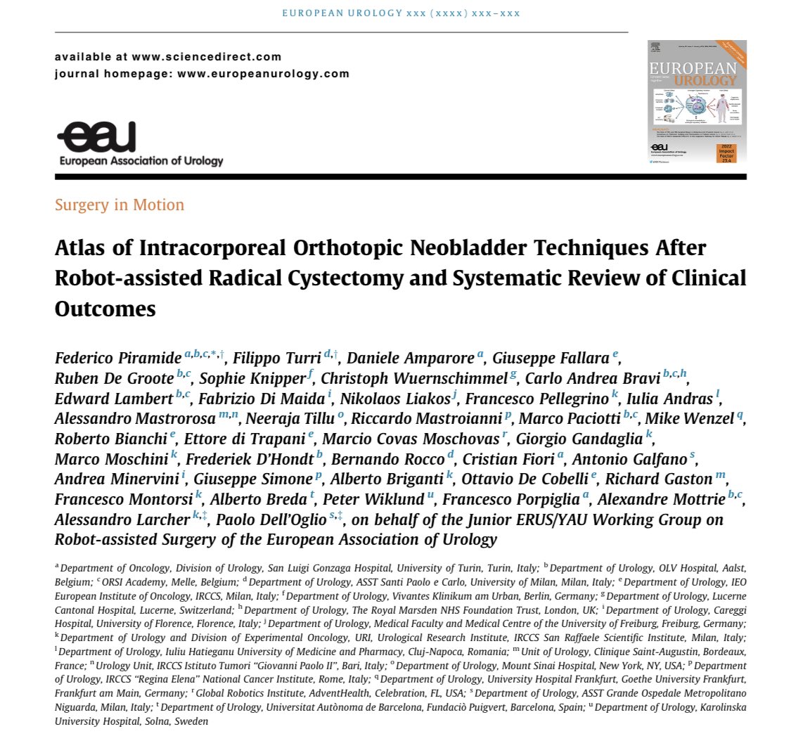 Atlas of Intracorporeal Orthotopic Neobladder Techniques After Robot-assisted Radical Cystectomy and Systematic Review of Clinical Outcomes. @EUplatinum authors.elsevier.com/c/1iBfH14kplvA…