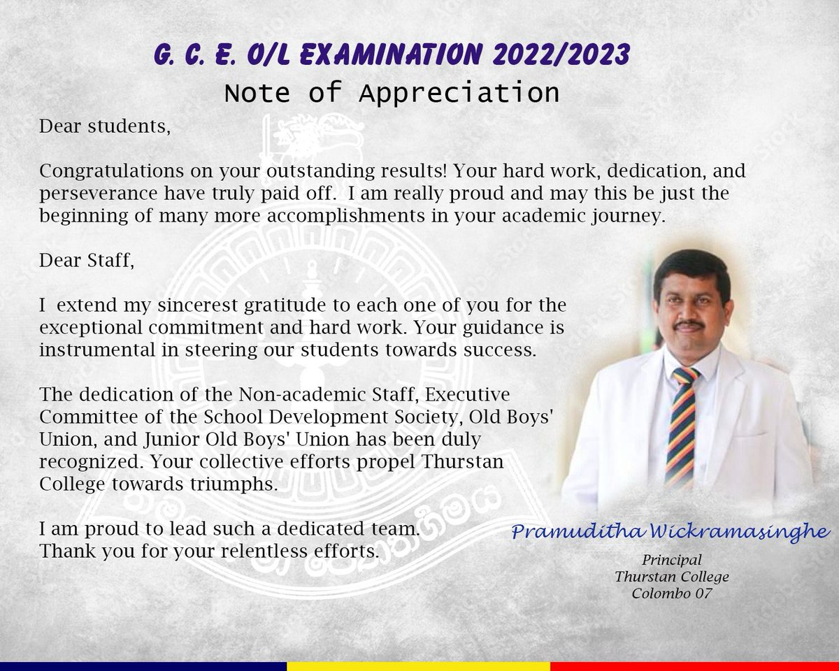 CollegeThurstan's tweet photo. G. C. E O/L Examination 2022/2023
Note of Appreciation https://t.co/veVC8UMviQ