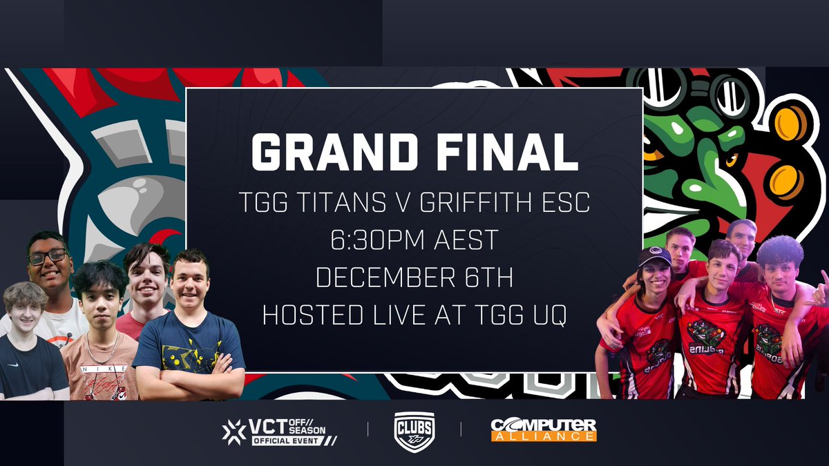 XP Clubs #Valorant Grand Final is almost here! 🎉

<a href="/GriffithEsports/">Griffith Esports</a> 🆚 <a href="/TGamersGround/">The Gamers Ground - TGG</a> 
Who will take home the inaugural Clubs Championship Trophy? 🏆

Find out this coming Wednesday, live at TGG UQ from 6:30PM! 

📺 Streaming on twitch.tv/xpesportstv

Spectators welcome 👍