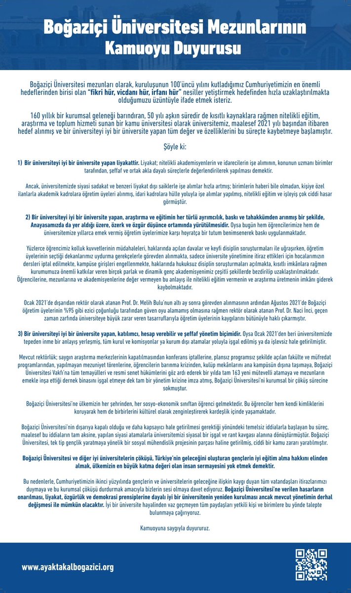 Boğaziçi Üniversitesi mezunlarının kamuoyuna duyurusu
3.12.2023