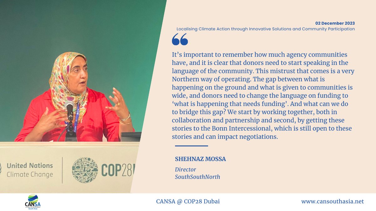 Climate Action Network South Asia (@cansouthasia) on Twitter photo Shehnaz Mossa of <a href="/SouthSouthNorth/">SouthSouthNorth</a> at #COP28 #SideEvent, Saturday, 2 Dec 2023: 'Localising Climate Action Through Innovative Solutions and Community Participation'
<a href="/vasudhaind/">Vasudha Foundation</a> <a href="/EFICOR_Delhi/">EFICOR</a> <a href="/GEAG_India/">GEAG</a> Shehnaz Mossa of <a href="/SouthSouthNorth/">SouthSouthNorth</a> at #COP28 #SideEvent, Saturday, 2 Dec 2023: 'Localising Climate Action Through Innovative Solutions and Community Participation'
<a href="/vasudhaind/">Vasudha Foundation</a> <a href="/EFICOR_Delhi/">EFICOR</a> <a href="/GEAG_India/">GEAG</a>