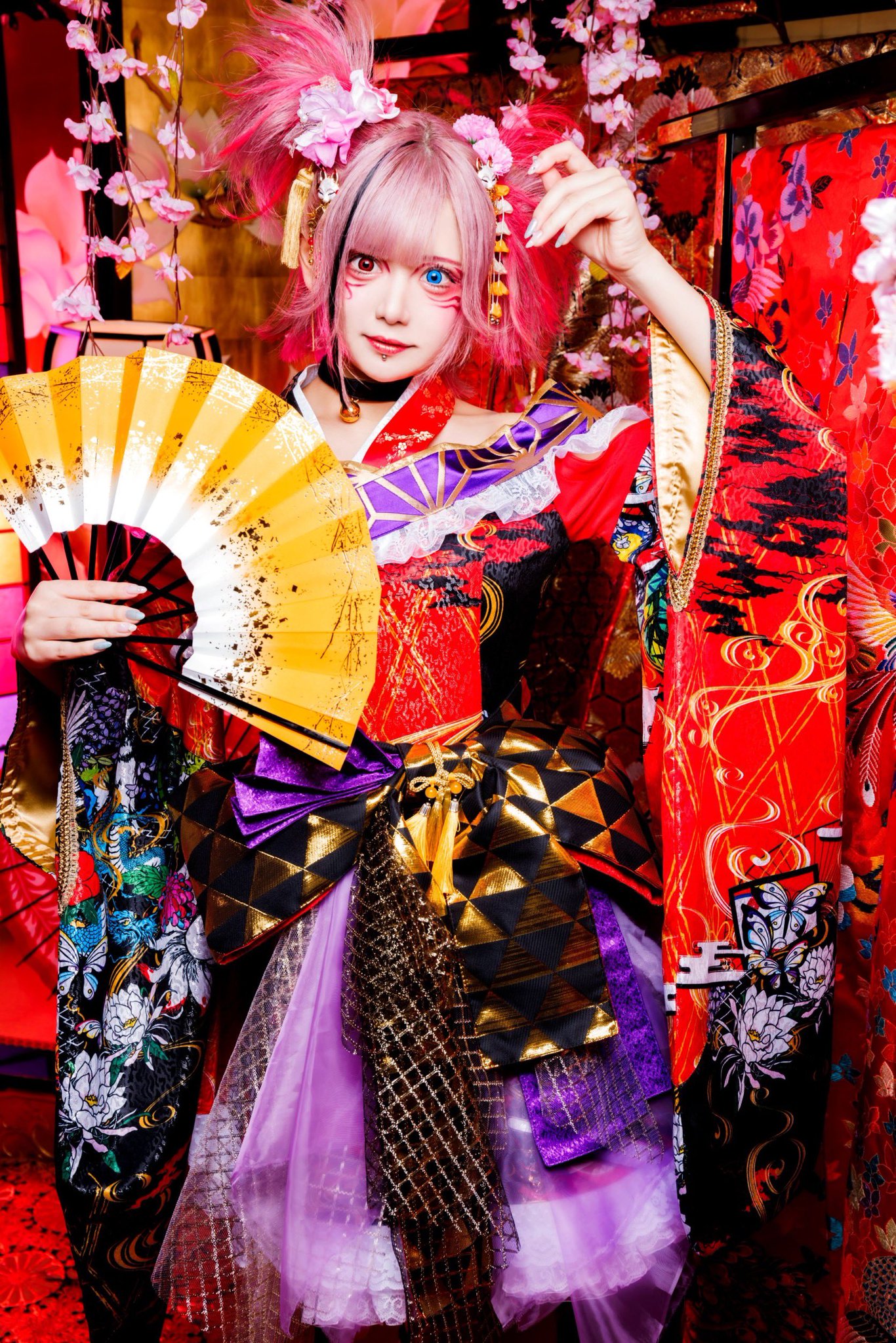 春色花の魁 花柄 マオカラーブラウス ＜秋桜/紅橙＞ | 京友禅アロハシャツ