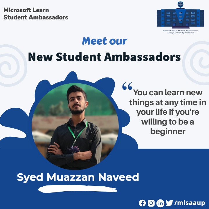 mlsa_aup's tweet photo. "Congratulations to the new ambassador of MLSA! 🎉 Your passion and commitment will undoubtedly make a significant impact. Wishing you success in representing MLSA with dedication and excellence."

#mlsa_aup #mlsaaup #mlsa #ambassador #AbasynUniversity #abasynuniversitypeshawar https://t.co/9pKGYISoxy