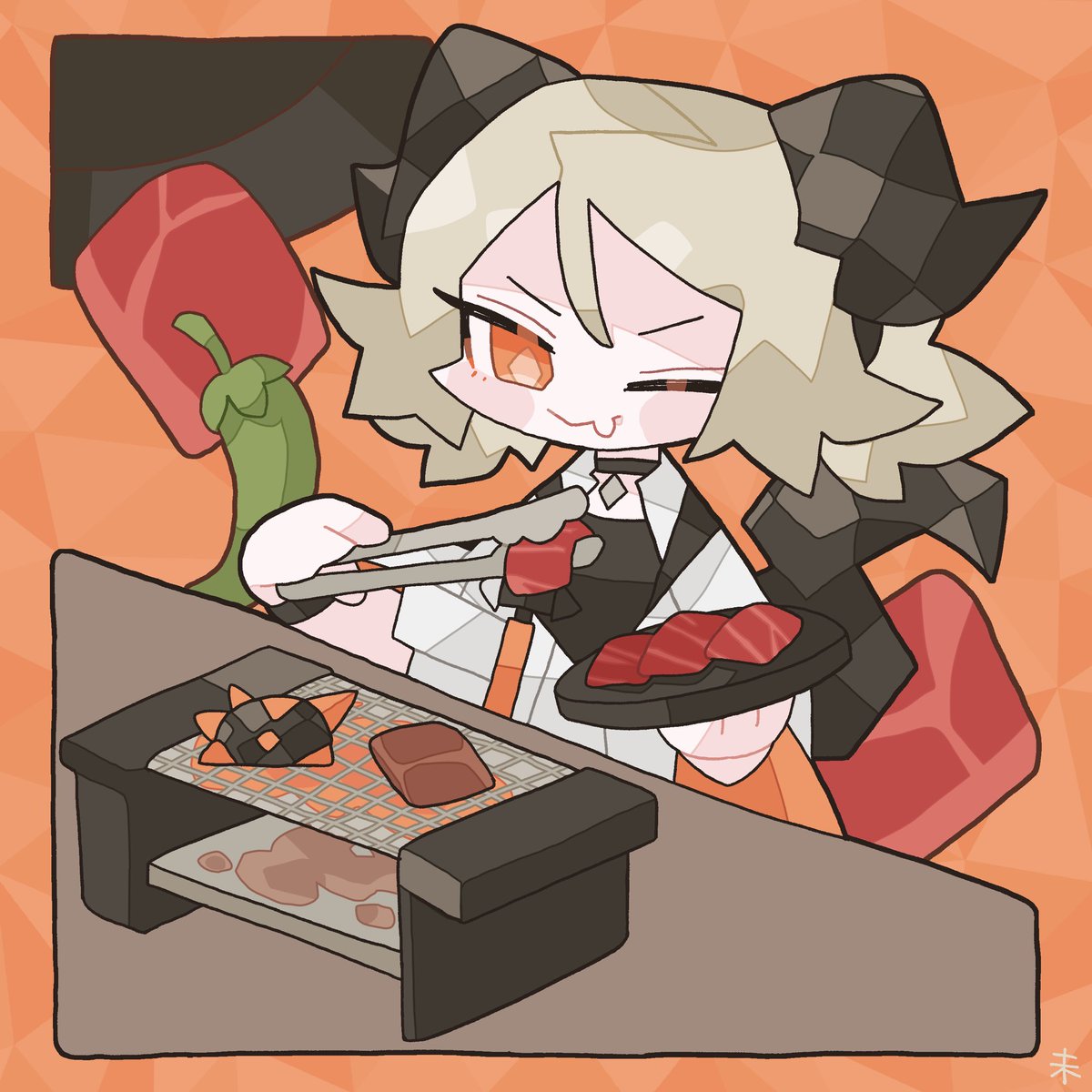 ifrit (arknights) 1girl horns one eye closed food meat solo holding  illustration images