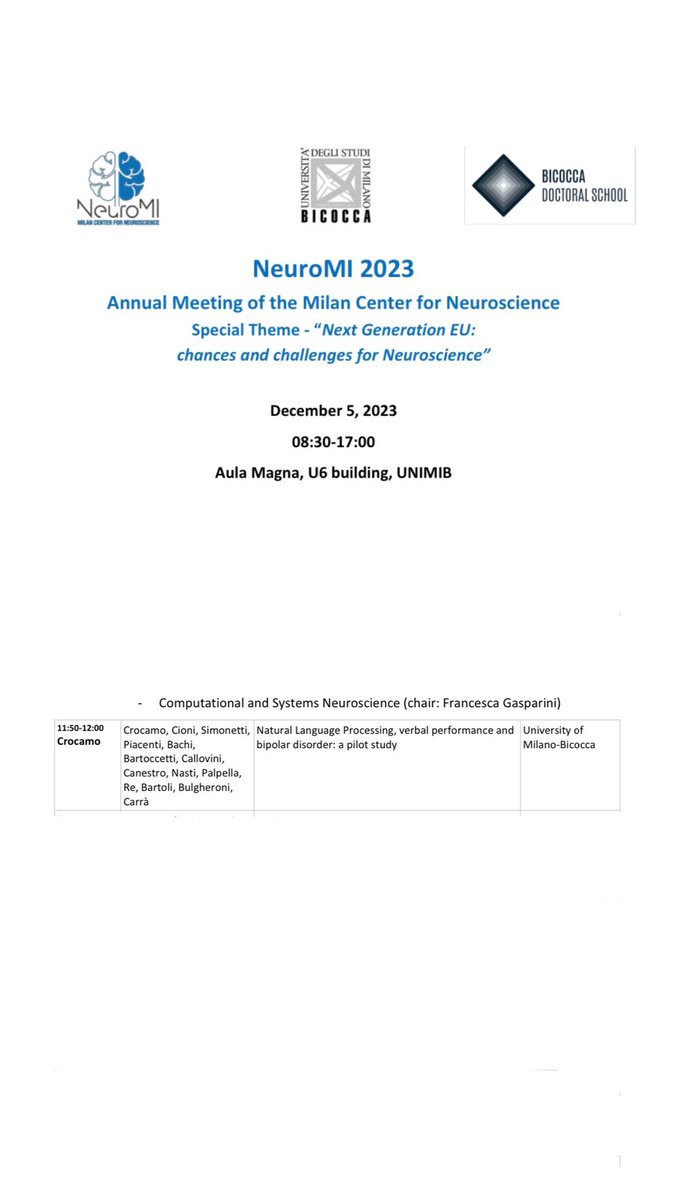 UNIMIB Psychiatry - Milano Lab (@unimib_psychiat) on Twitter photo 🧪ANNUAL MEETING OF THE MILAN CENTER FOR NEUROSCIENCE on Dec. 5th at <a href="/unimib/">Università degli Studi di Milano-Bicocca</a> U6 build.
We'll show our work "Natural Language Processing, verbal performance and bipolar disorder: a pilot study"
<a href="/CristinaCrocamo/">Cristina Crocamo</a> @giuscarra <a href="/fbartoli_unimib/">Francesco Bartoli</a> 🧪ANNUAL MEETING OF THE MILAN CENTER FOR NEUROSCIENCE on Dec. 5th at <a href="/unimib/">Università degli Studi di Milano-Bicocca</a> U6 build.
We'll show our work "Natural Language Processing, verbal performance and bipolar disorder: a pilot study"
<a href="/CristinaCrocamo/">Cristina Crocamo</a> @giuscarra <a href="/fbartoli_unimib/">Francesco Bartoli</a>