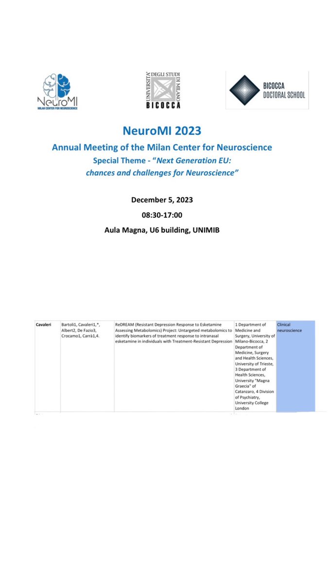 UNIMIB Psychiatry - Milano Lab (@unimib_psychiat) on Twitter photo 🧪ANNUAL MEETING OF THE MILAN CENTER FOR NEUROSCIENCE
on Dec. 5th at <a href="/unimib/">Università degli Studi di Milano-Bicocca</a> U6 build.
We will show you our work “ReDREAM (Resistant Depression Response to Esketamine
Assessing Metabolomics) Project”
@DanieleCavaler2 @giuscarra <a href="/fbartoli_unimib/">Francesco Bartoli</a> <a href="/CristinaCrocamo/">Cristina Crocamo</a> 🧪ANNUAL MEETING OF THE MILAN CENTER FOR NEUROSCIENCE
on Dec. 5th at <a href="/unimib/">Università degli Studi di Milano-Bicocca</a> U6 build.
We will show you our work “ReDREAM (Resistant Depression Response to Esketamine
Assessing Metabolomics) Project”
@DanieleCavaler2 @giuscarra <a href="/fbartoli_unimib/">Francesco Bartoli</a> <a href="/CristinaCrocamo/">Cristina Crocamo</a>