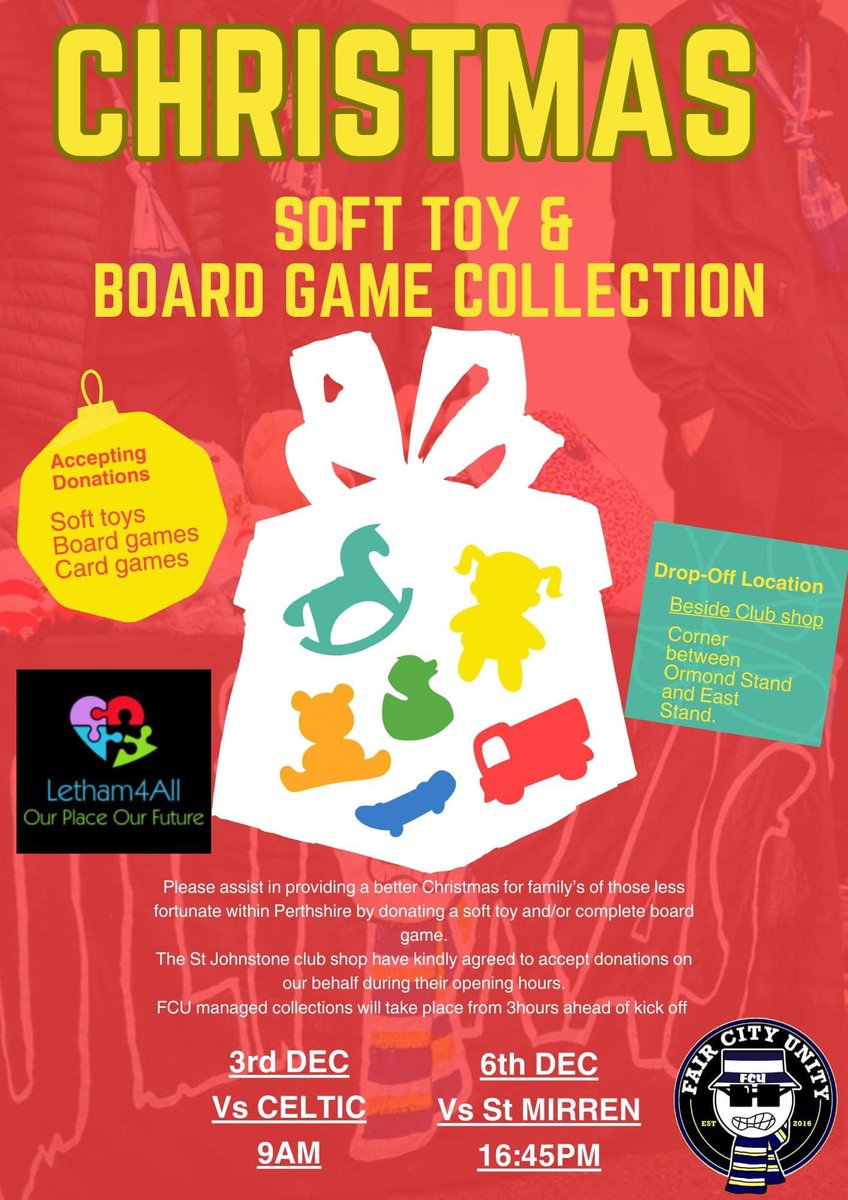 St Johnstone FC SLO (@sjfc_slo) on Twitter photo FOODBANK/TOY COLLECTION
<a href="/fsfperthsaints/">Saints Fans Supporting Foodbanks</a> and <a href="/faircityunity/">FAIR CITY UNITY</a> are hosting collections outside The Saints Shop today:
🥫<a href="/KinrossPerth/">Perth & Kinross Foodbank</a> foodbank
🧸 <a href="/Letham4All/">Letham4All</a> toy/boardgames
Donations from fans of both clubs would be very much appreciated. 🤝
See below for info. 👇🏻
#SJFC FOODBANK/TOY COLLECTION
<a href="/fsfperthsaints/">Saints Fans Supporting Foodbanks</a> and <a href="/faircityunity/">FAIR CITY UNITY</a> are hosting collections outside The Saints Shop today:
🥫<a href="/KinrossPerth/">Perth & Kinross Foodbank</a> foodbank
🧸 <a href="/Letham4All/">Letham4All</a> toy/boardgames
Donations from fans of both clubs would be very much appreciated. 🤝
See below for info. 👇🏻
#SJFC