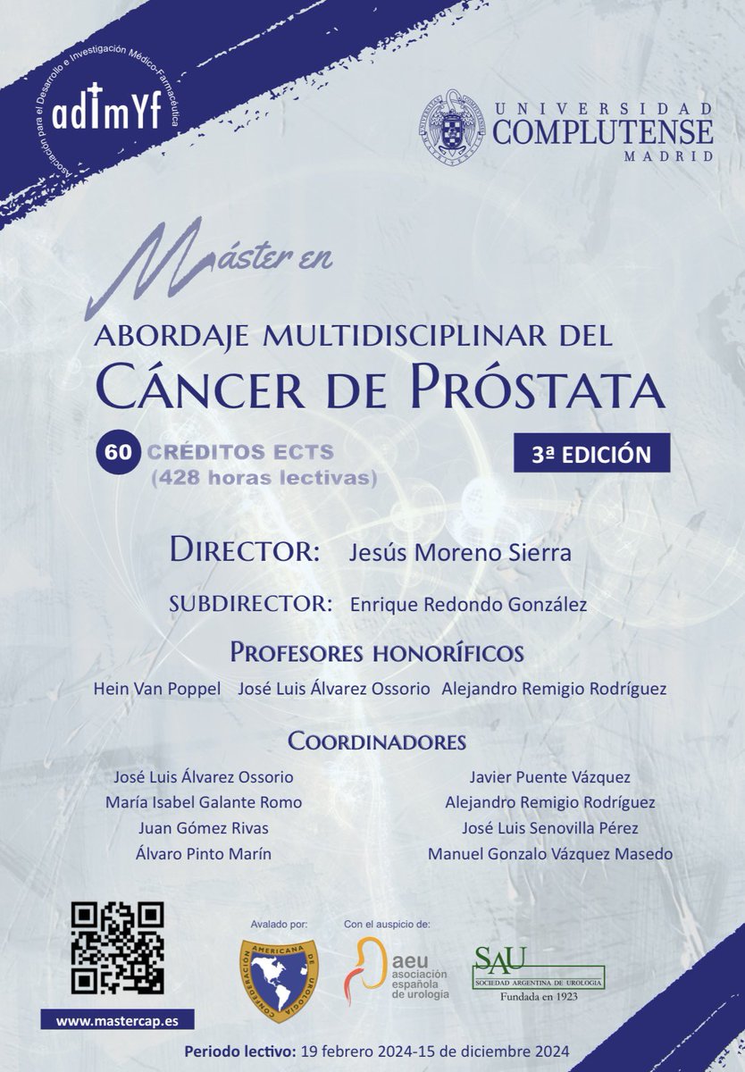 Bienvenidos al Master en Cancer de Próstata de @unicomplutense. Abordaremos de forma multidisciplinar en los últimos avances en la prevención, el diagnóstico y el tratamiento del tumor que afecta mas frecuentemente a los varones, el cancer de próstata mastercap.es