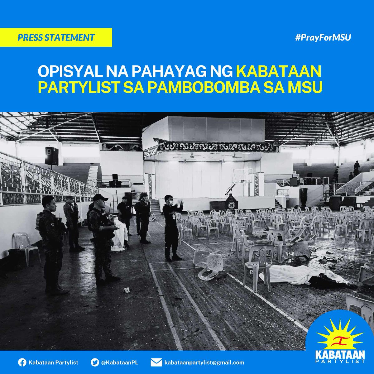 KabataanPL's tweet photo. Opisyal na pahayag ng Kabataan Partylist sa pambobomba sa MSU

Mariing kinukundena ng Kabataan Partylist ang pambobomba na naganap sa Mindanao State University. Lubos po naming pinapaabot ang pakikiramay sa pamilya ng mga nasawi. 

#PrayForMSU https://t.co/dMRiLcQGDR