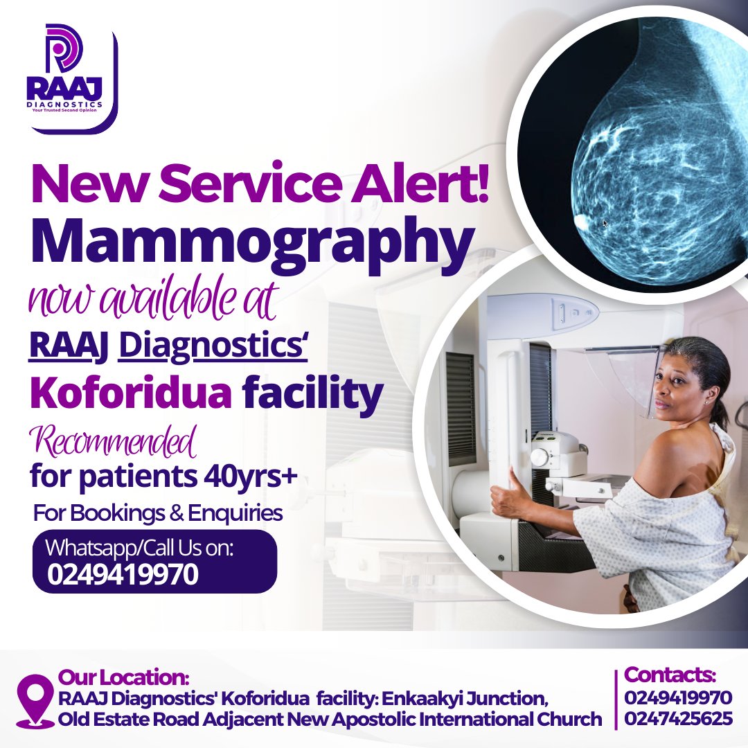 The wait is over! Mammography now available @raajdiagnostics #Koforidua. 
#breastcancerscreening