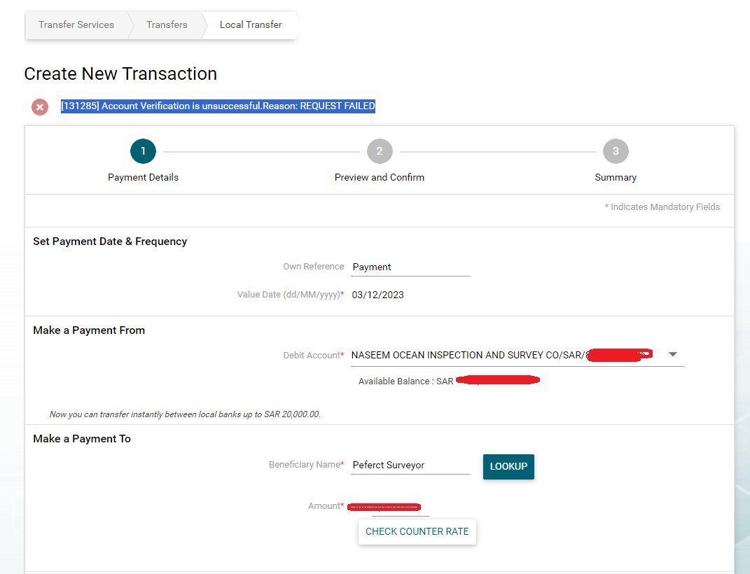naseemocean's tweet photo. @fransihelp
Dear HelpDesk
we started to have below issue in our Beneficiary Accounts

[131285] Account Verification is unsuccessful.Reason: REQUEST FAILED

Need your support https://t.co/39oTUr2Fz6