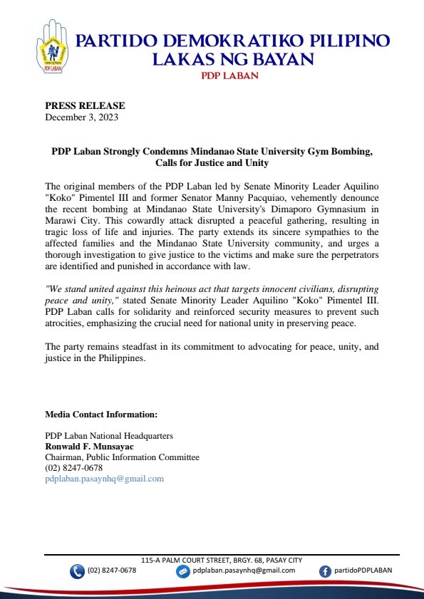 **PDP Laban Strongly Condemns Mindanao State University Gym Bombing, Calls for Justice and Unity**