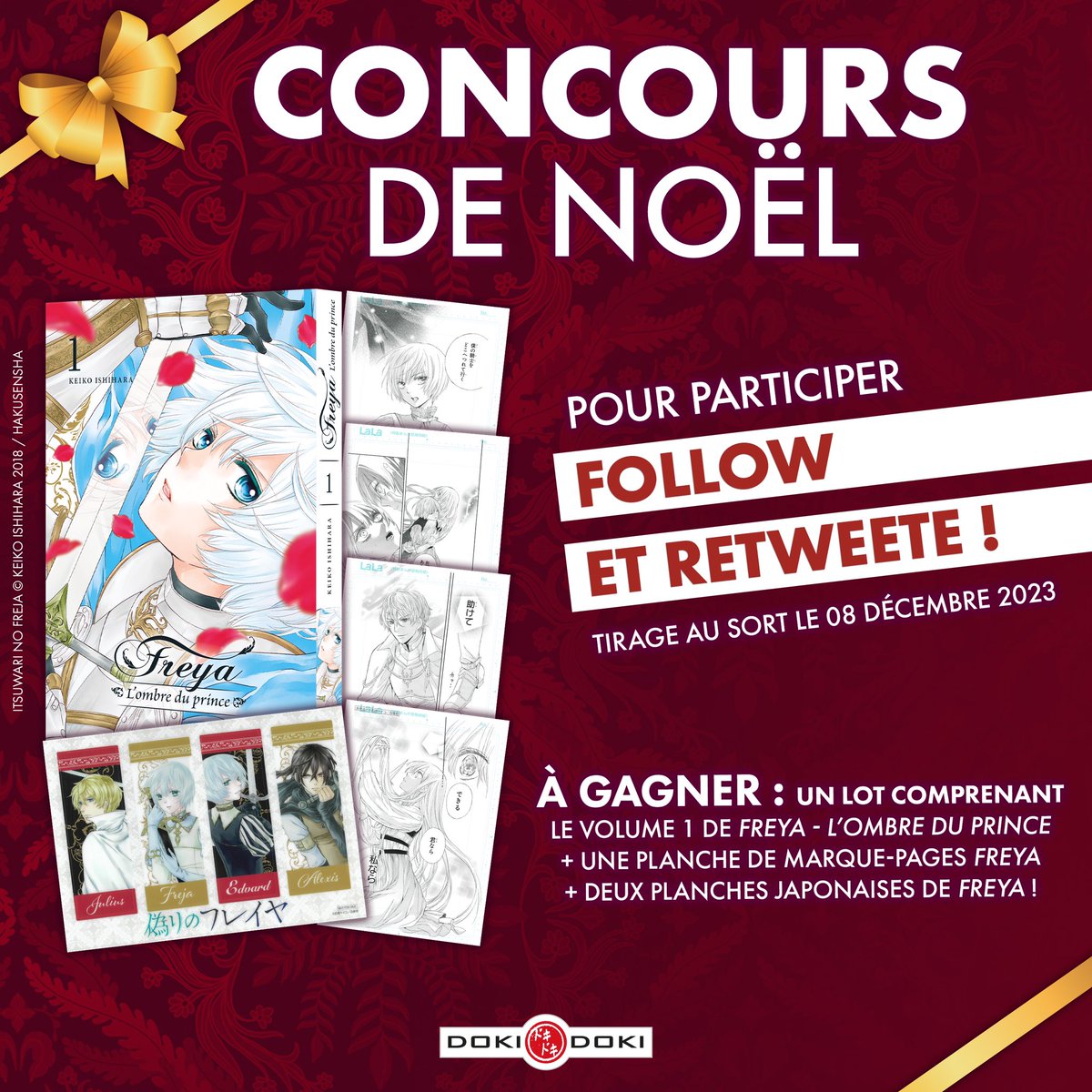 dokidoki_manga's tweet photo. CALENDRIER DE L’AVENT DOKI-DOKI 🎁

🎄 Tous les dimanches et jusqu’à Noël, tentez votre chance pour remporter des mangas et goodies Doki-Doki !

Pour la première semaine, nous mettons en jeu un lot Freya - L’ombre du prince ! https://t.co/4GPjXZLjwq